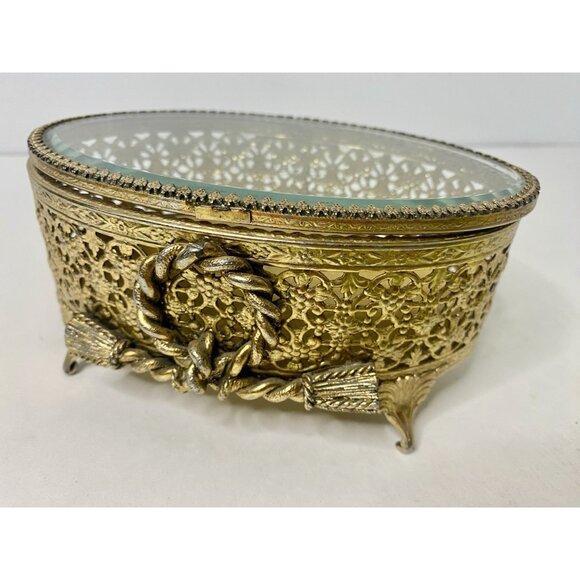 Gold Tone Filigree Footed Casket Jewelry Trinket Box Rope Tassel Accent READ - Picture 1 of 12